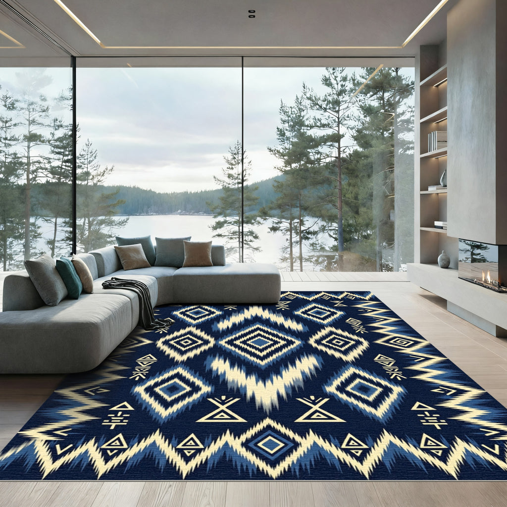 Indigo Blue Geometric Ikat Diamond Rug