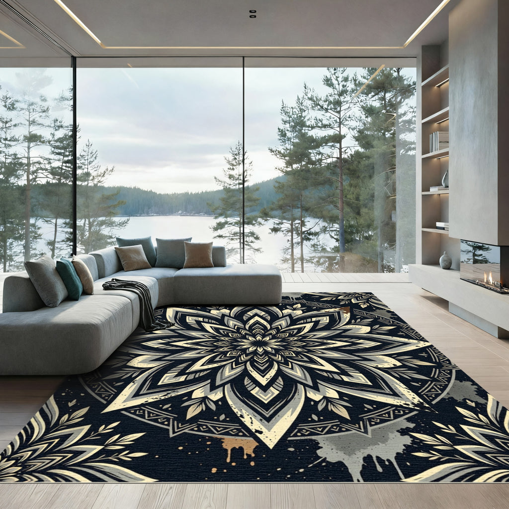 Monochrome Floral Mandala Medallion Rug