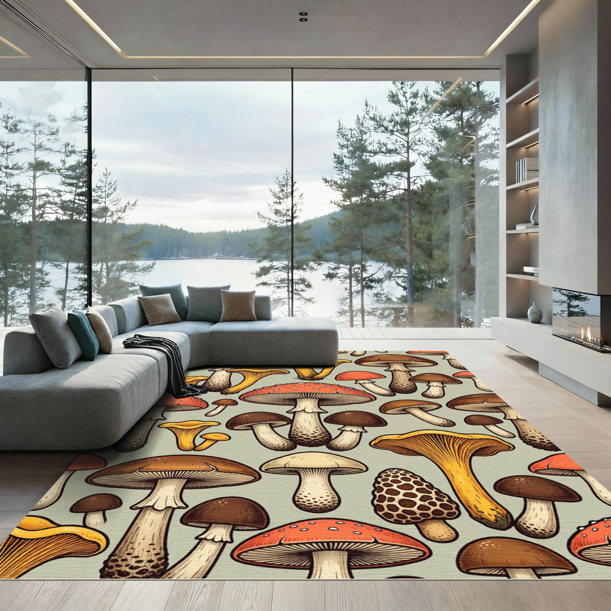 Autumnal Forest Mushroom Botanical Illustration Rug