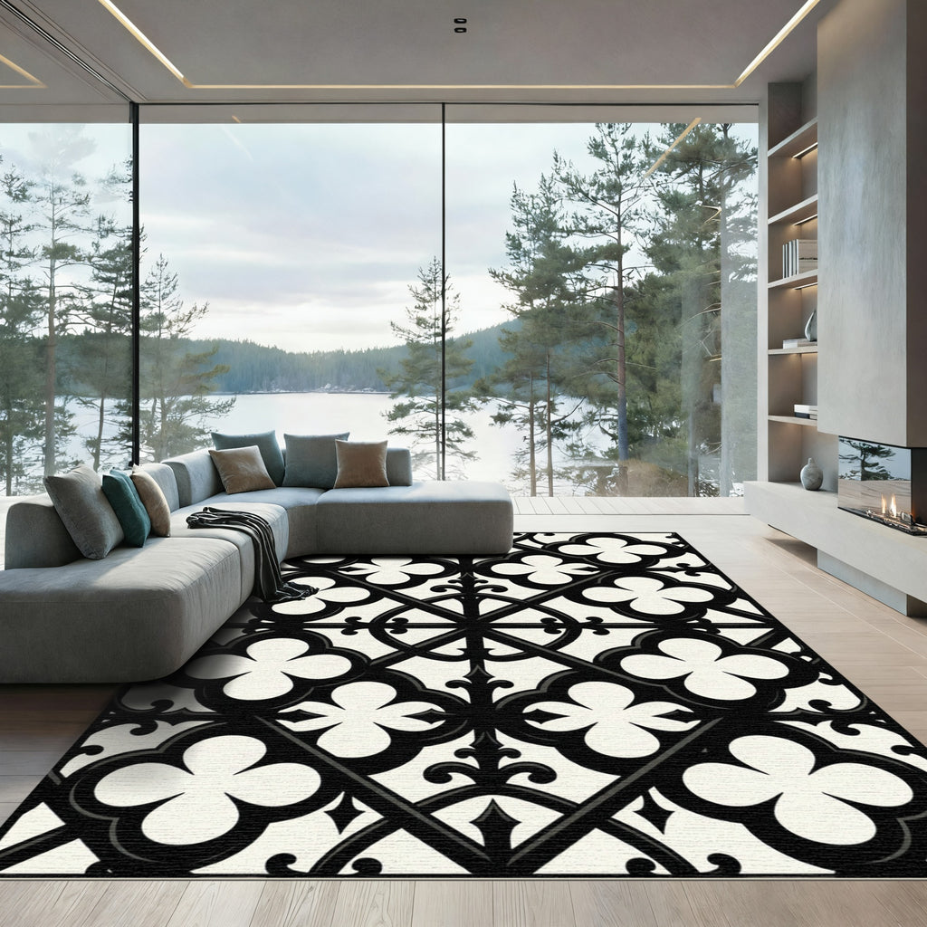 Black and White Gothic Quatrefoil Grid Rug