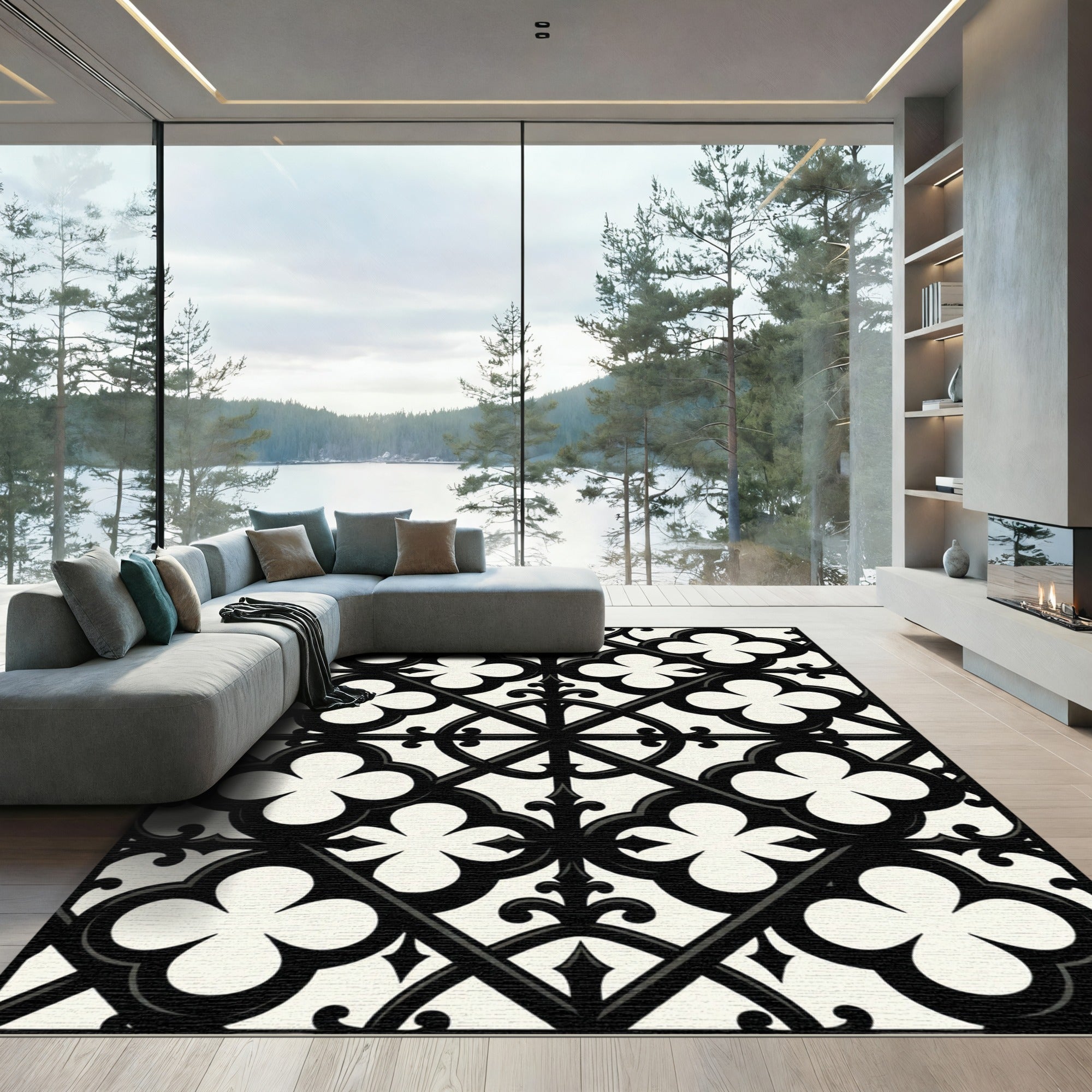 Black and White Gothic Quatrefoil Grid Rug