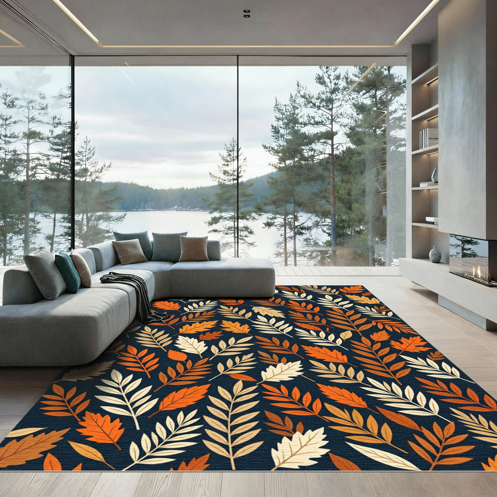Autumnal Amber Leaf Botanical Navy Background Rug