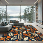 Autumnal Amber Leaf Botanical Navy Background Rug