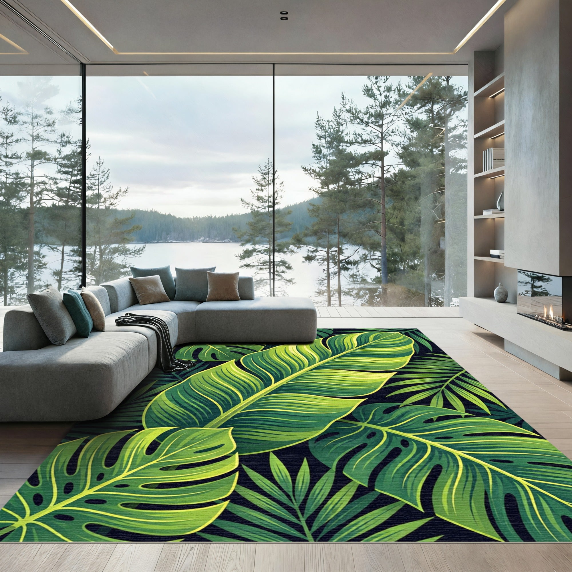 Emerald Verdant Jungle Leaf Arrangement Rug