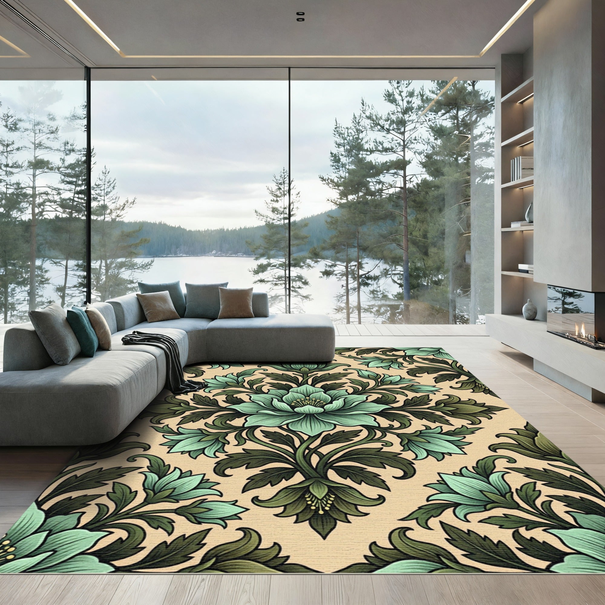 Elegant Sage Floral Damask Rug