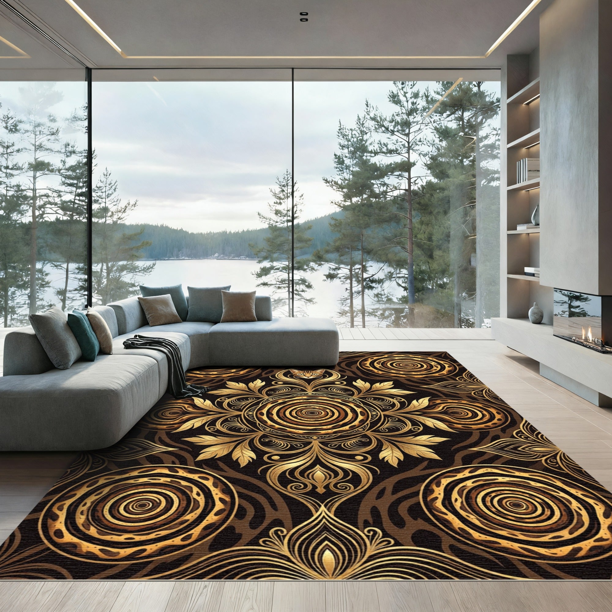 Golden Leopard Cat Floral Medallion Rug