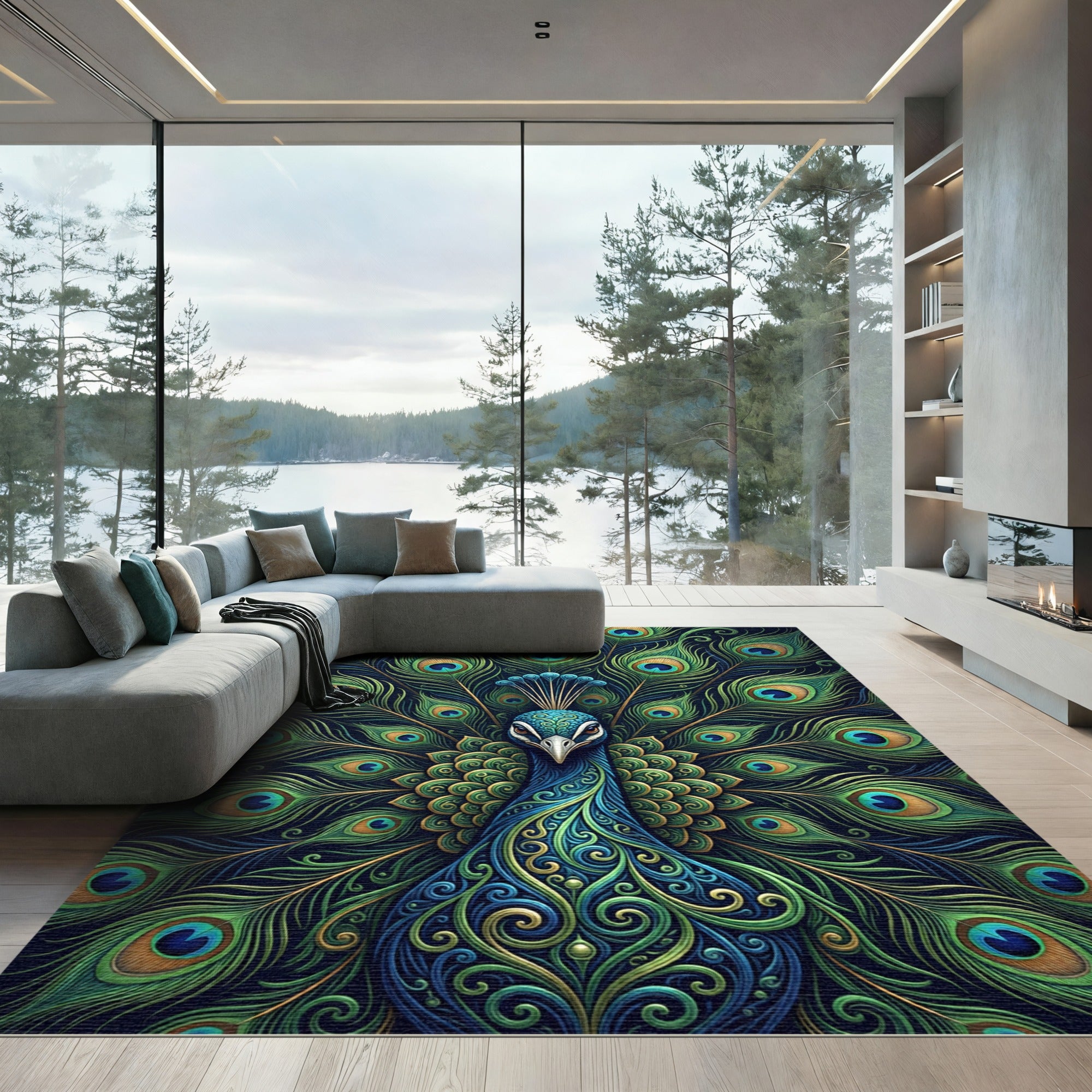 Exquisite Peacock Feather Symmetry Art Rug