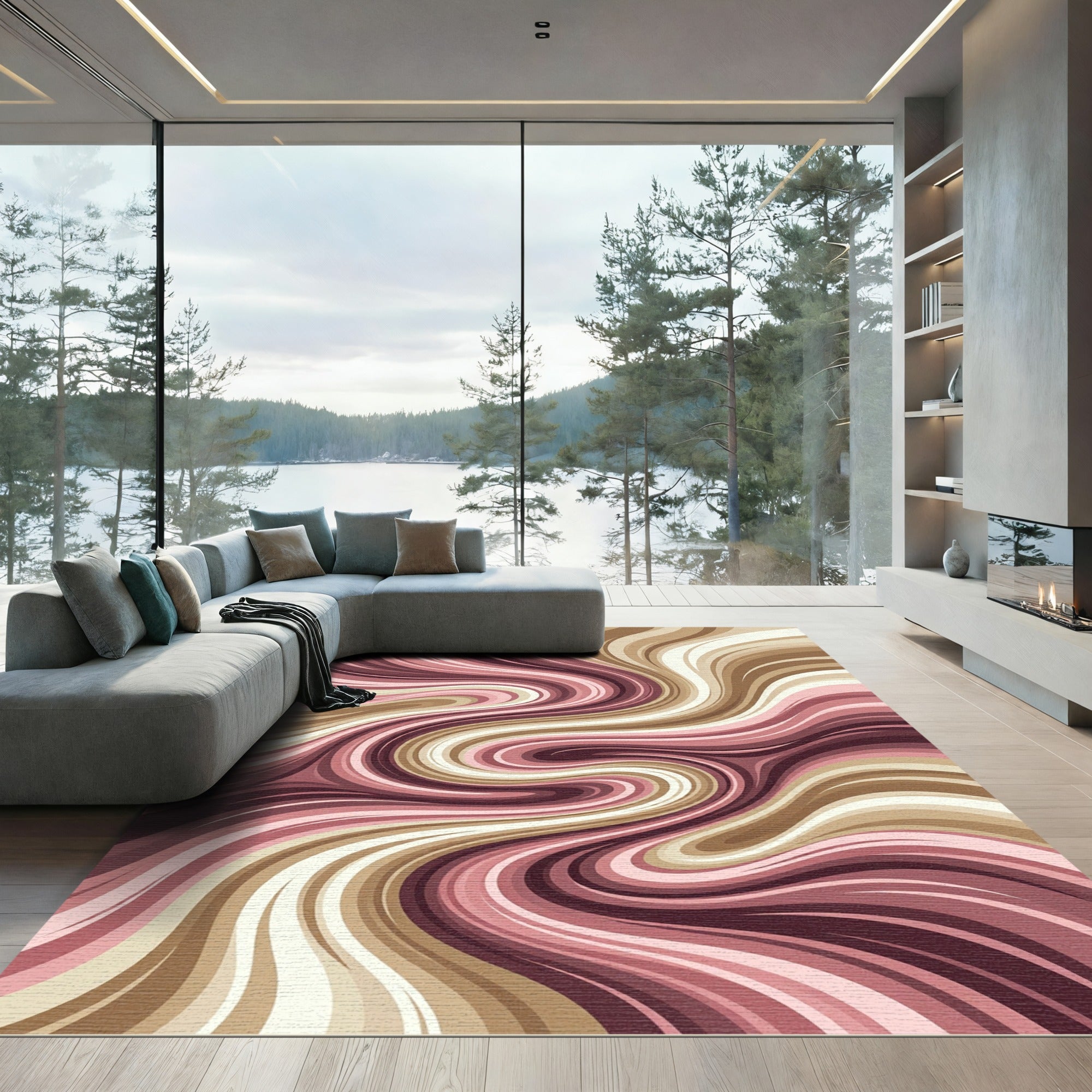 Swirling Rose Gold Marble Waves Rug