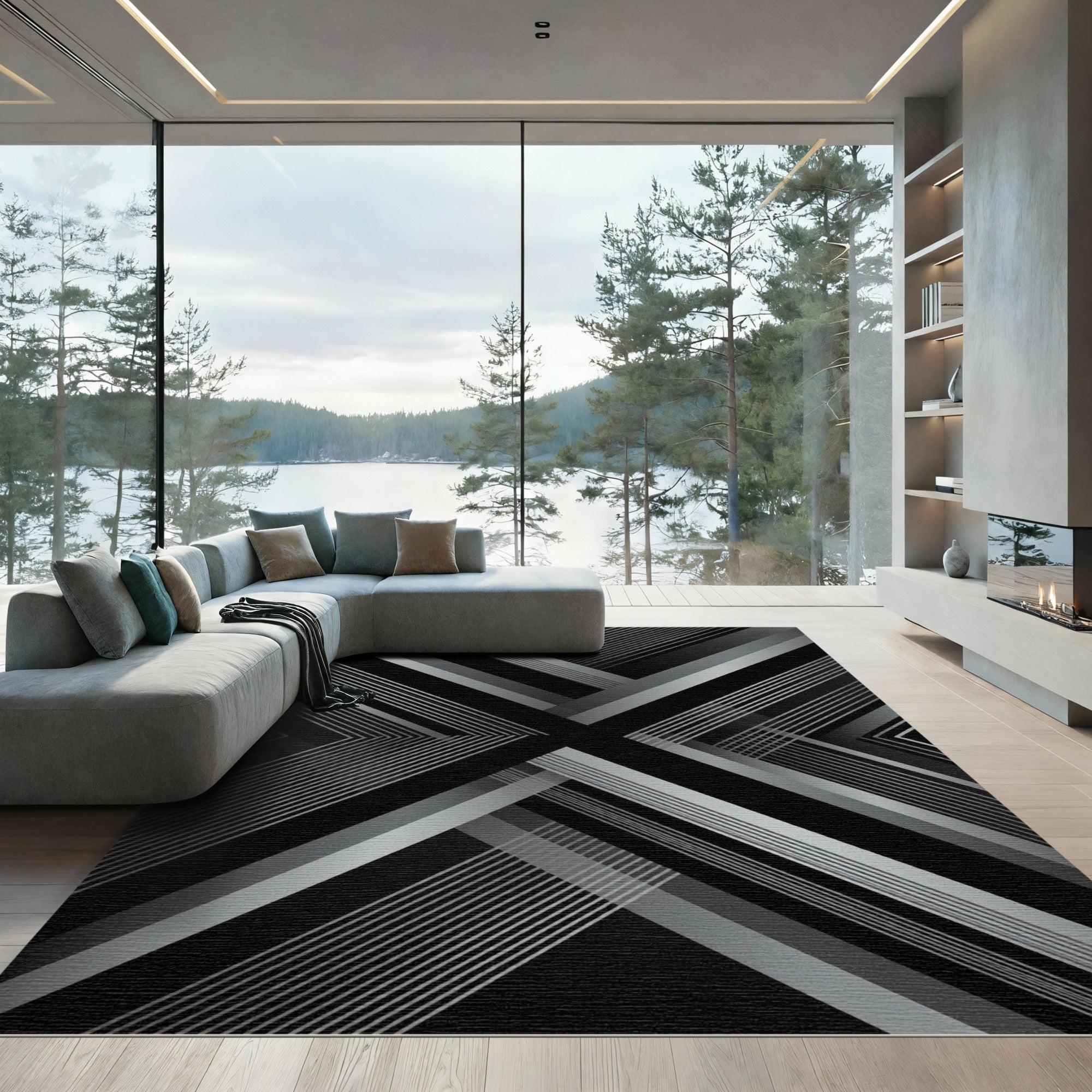 Monochrome Geometric Abstract Intersecting Lines Rug