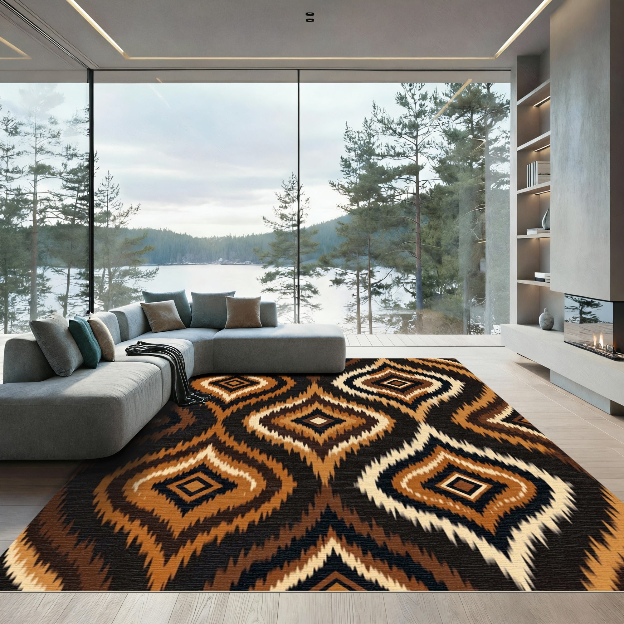 Earthy Brown Ikat Diamond Weaver Rug