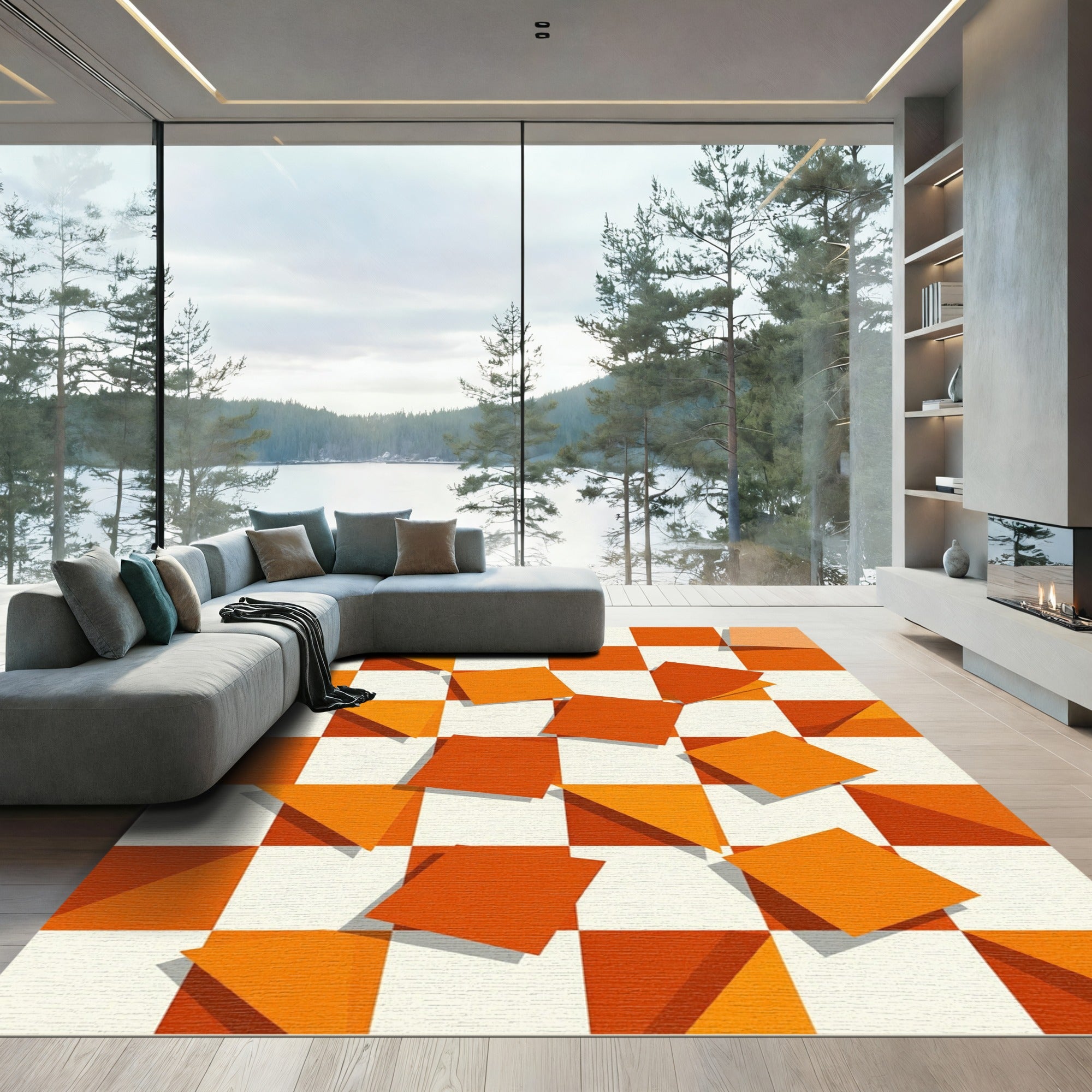 Orange White Floating Squares Chessboard Rug