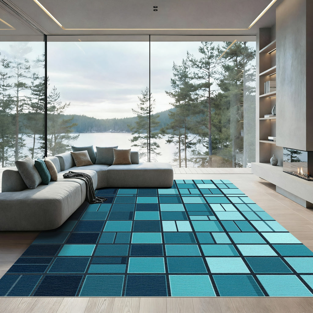 Modern Teal Geometric Block Rug