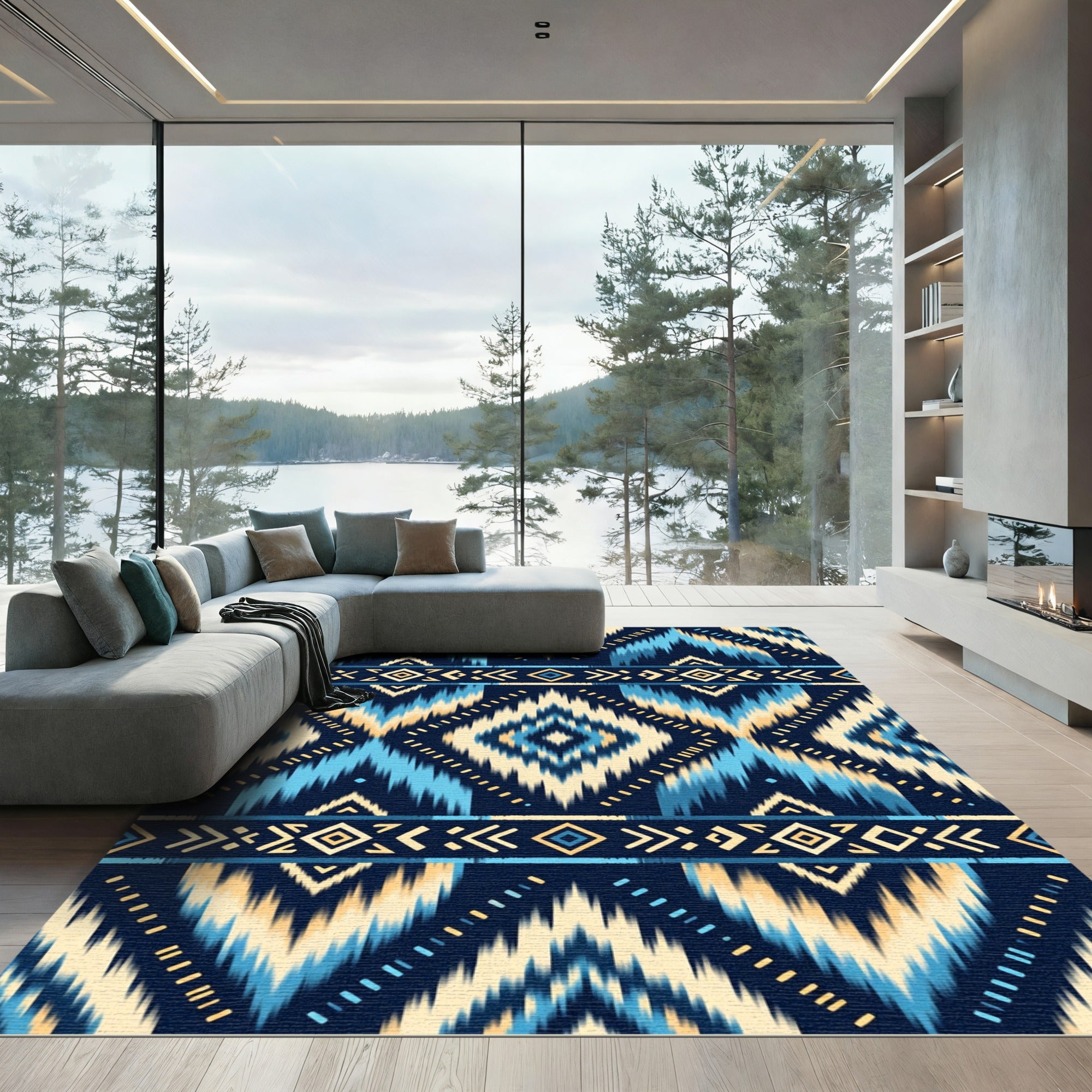 Indigo Blue Geometric Ikat Diamond Rug