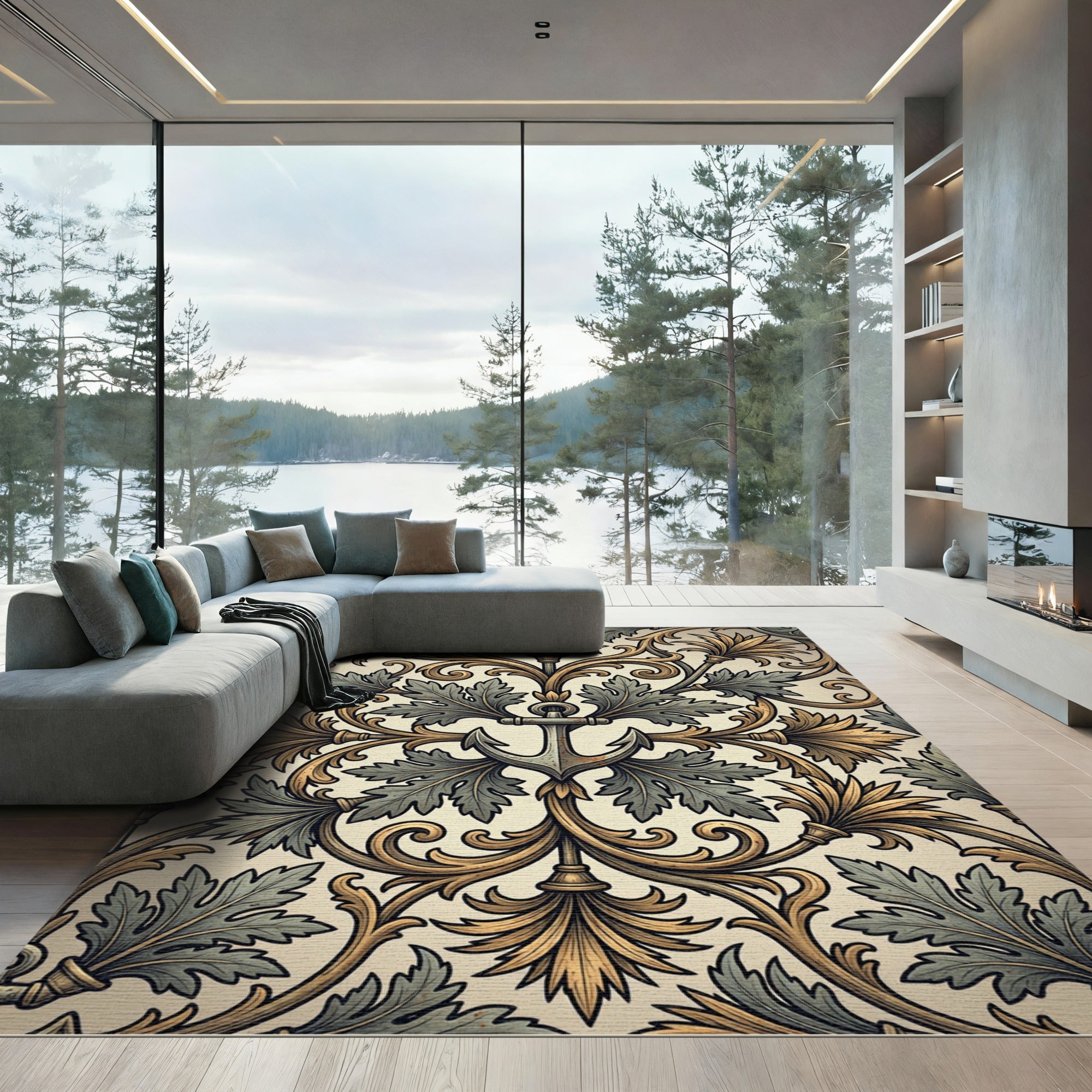 Golden Anchor Acanthus Scroll Botanical Rug
