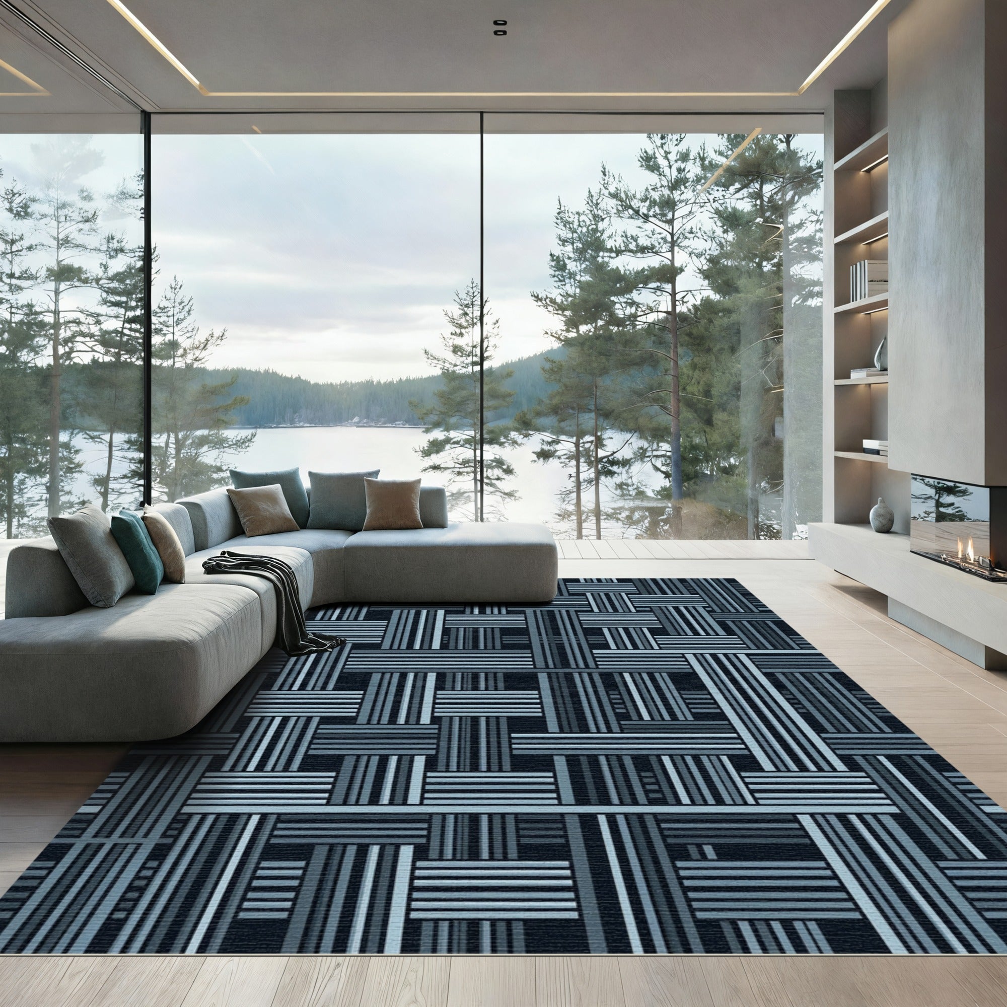 Blue Woven Grid Geometric Abstract Rug