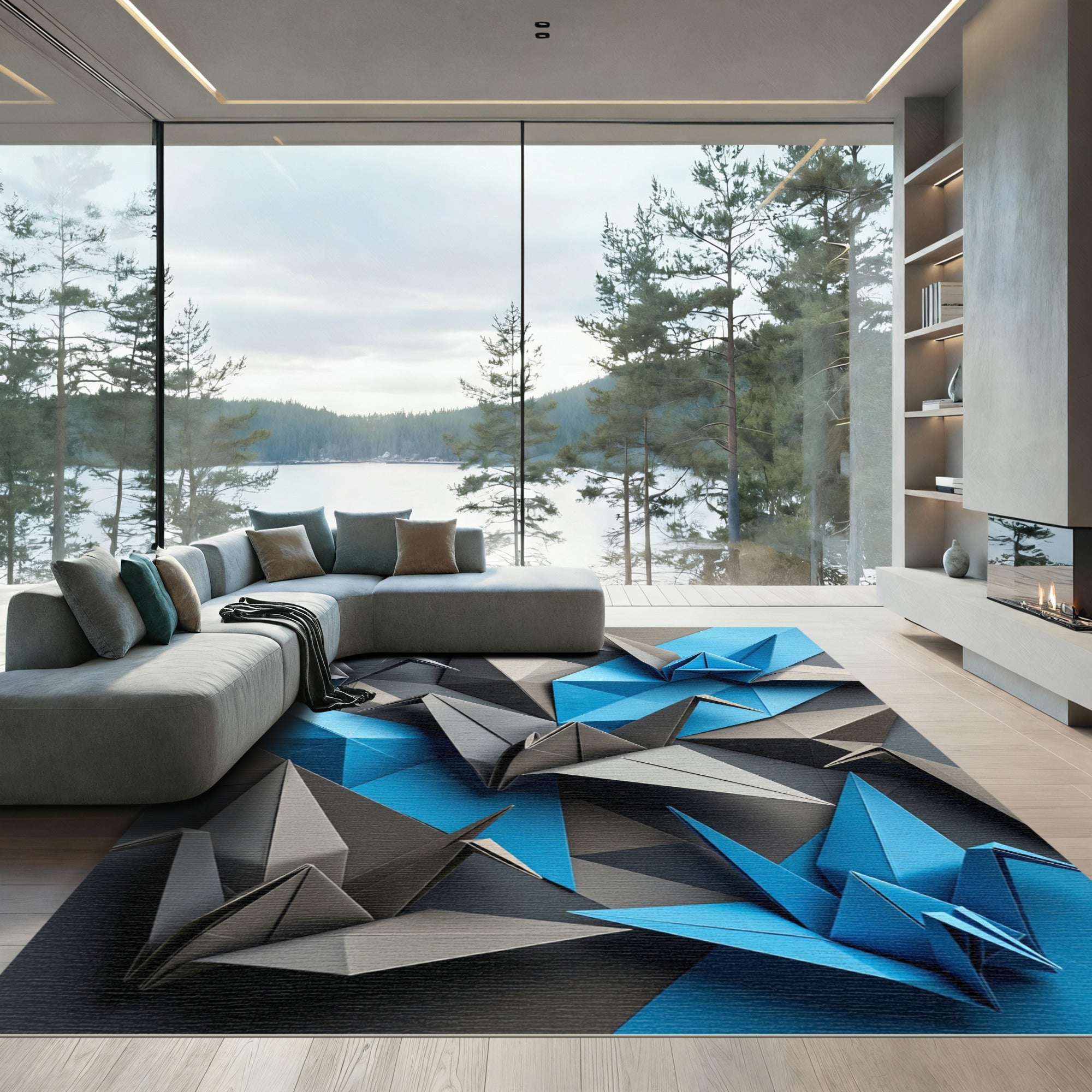Geometric Blue and Gray Origami Crane Rug