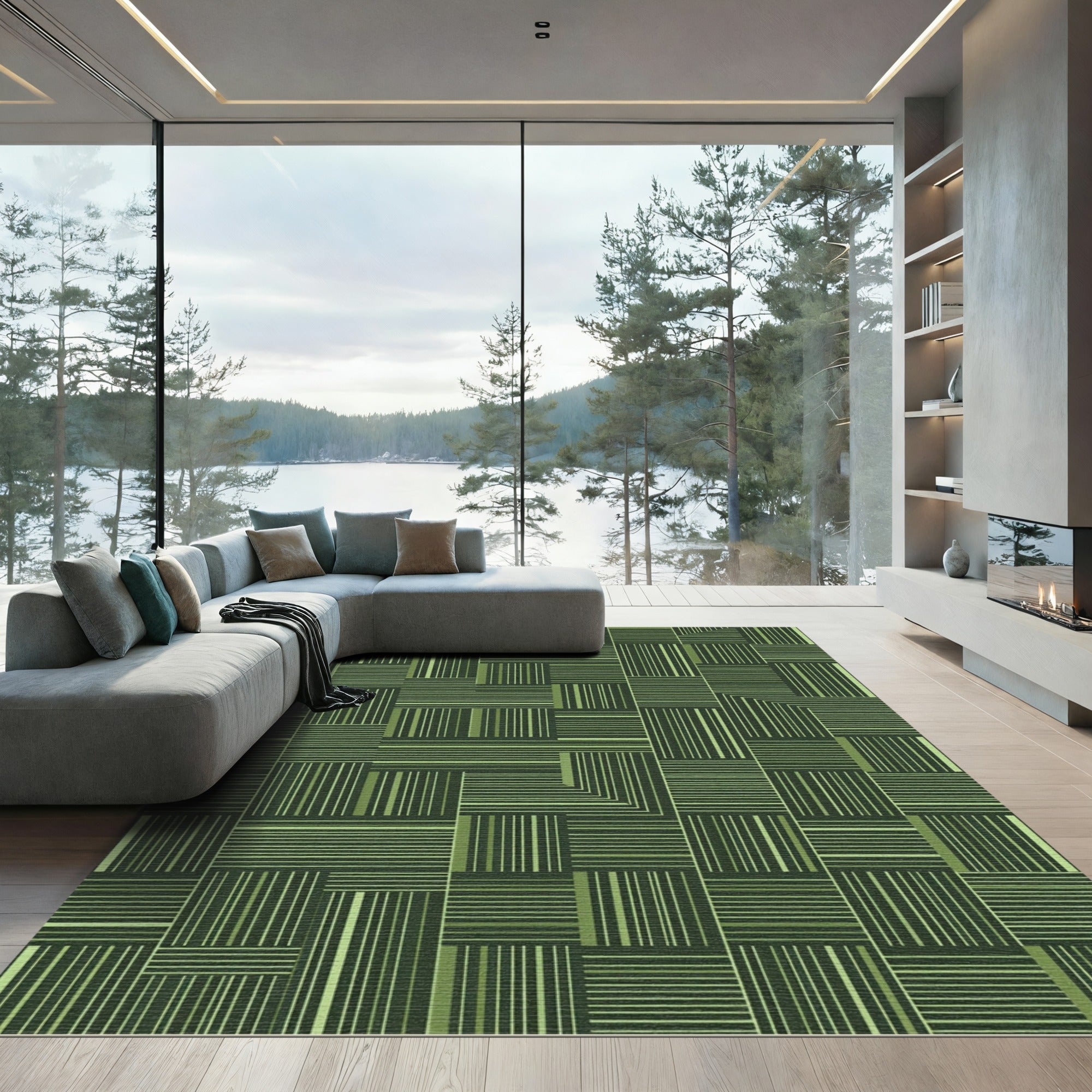 Green Pixelated Grid Lines Rug