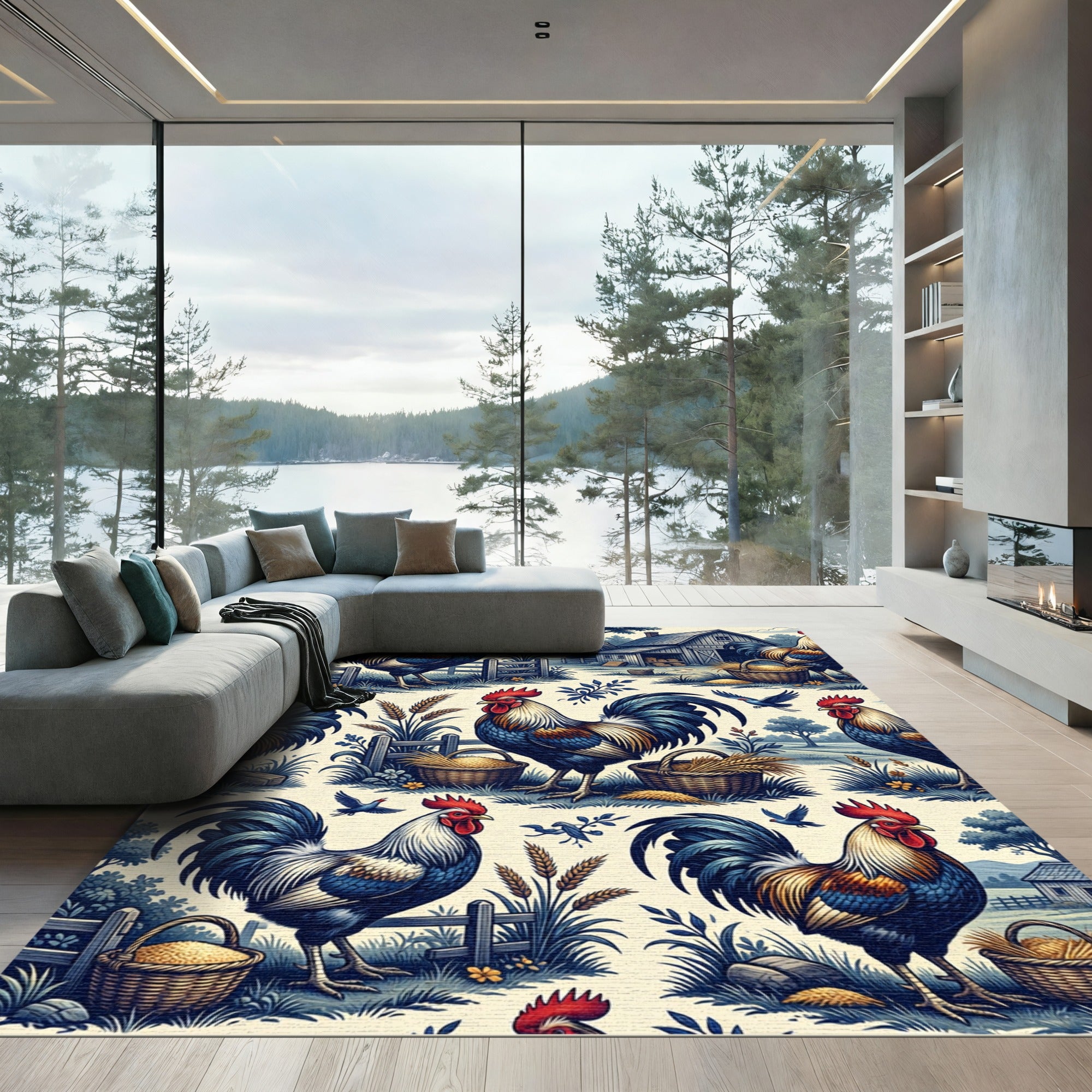 Rustic Rooster Farmhouse Country Landscape Rug