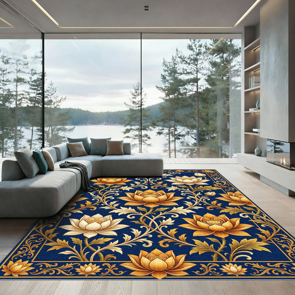 Golden Lotus Floral Navy Luxury Rug