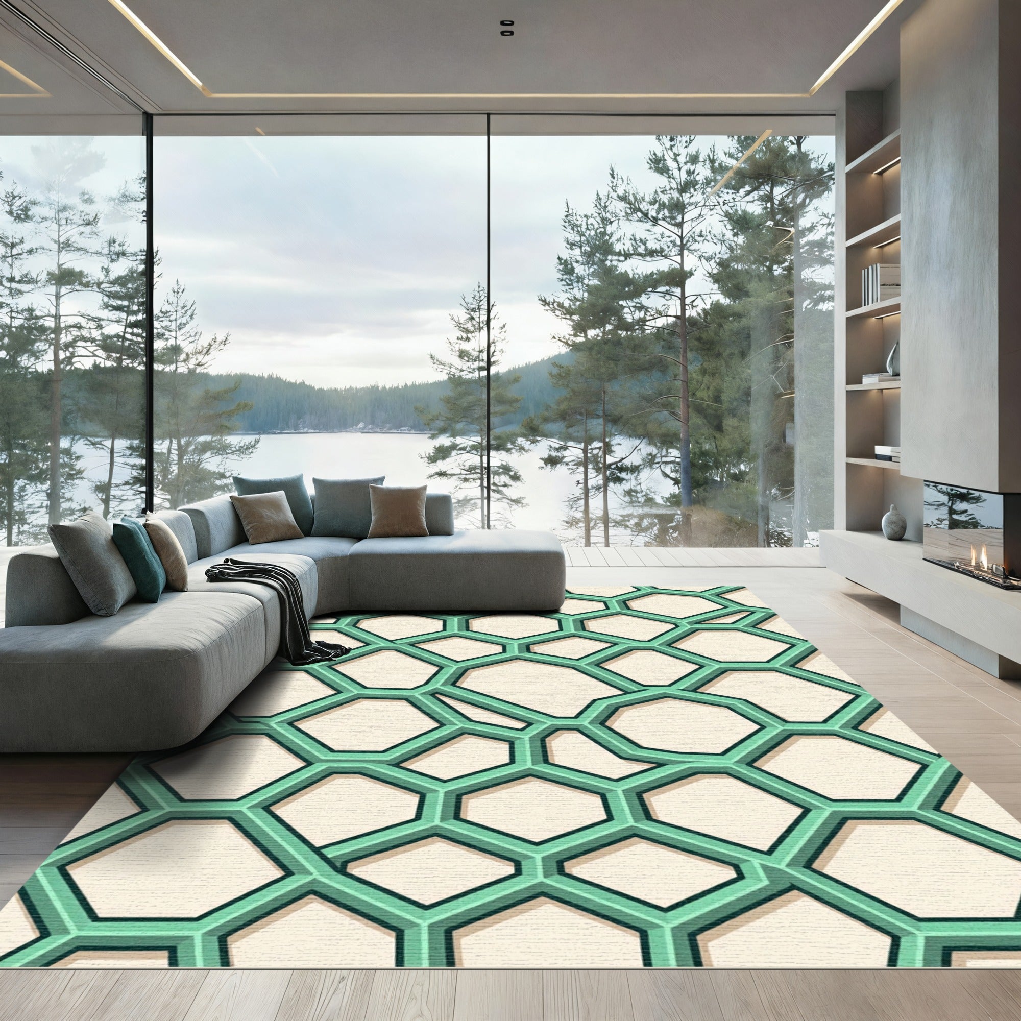 Modern Mint Geometric Honeycomb Grid Rug