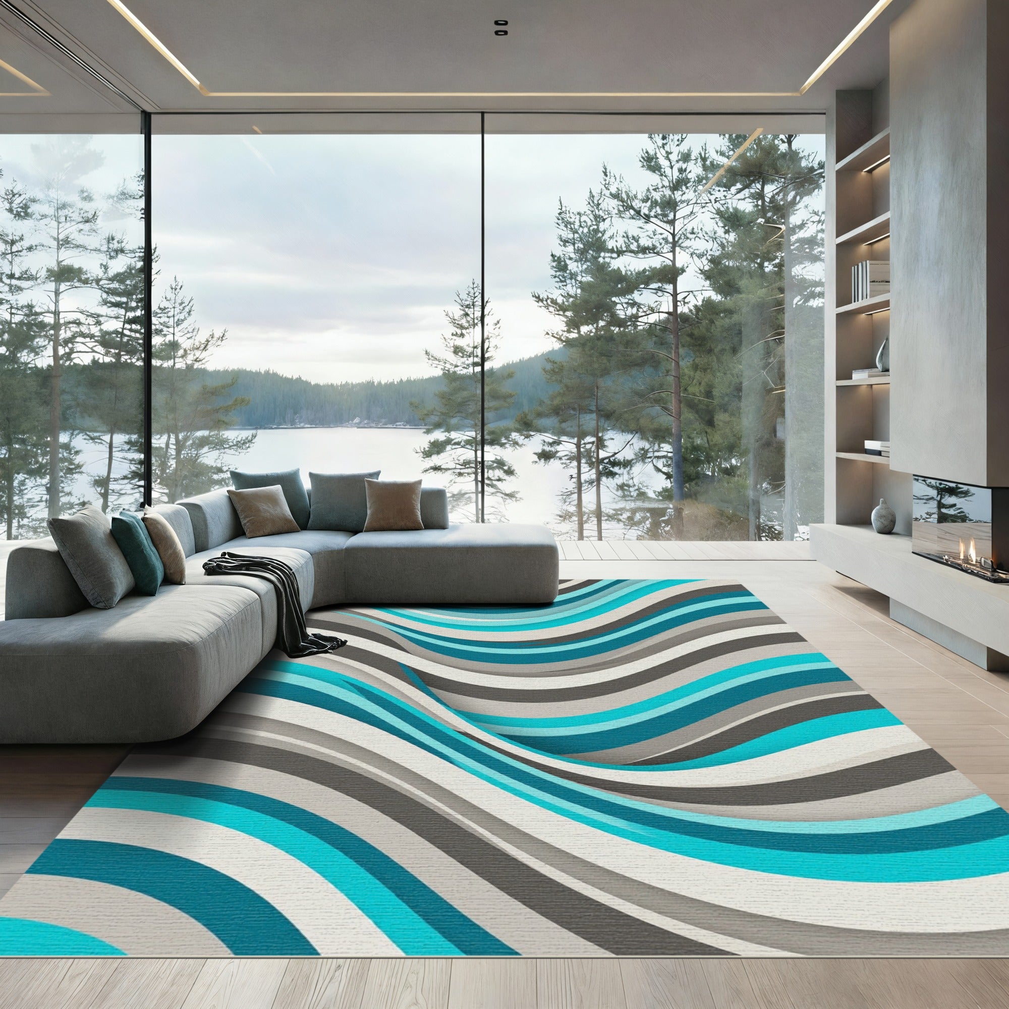 Modern Teal And Gray Liquid Wave Rug