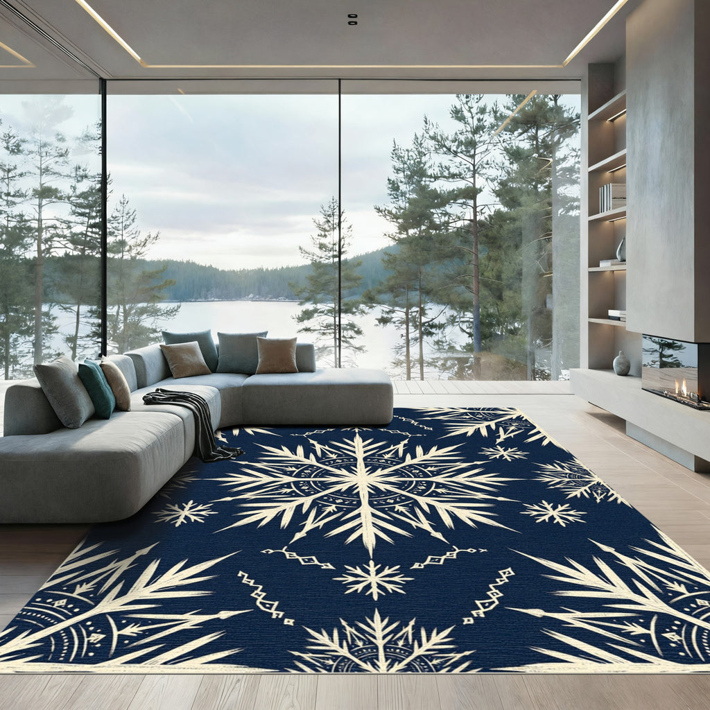 Navy and Cream Winter Snowflake Medallion Rug