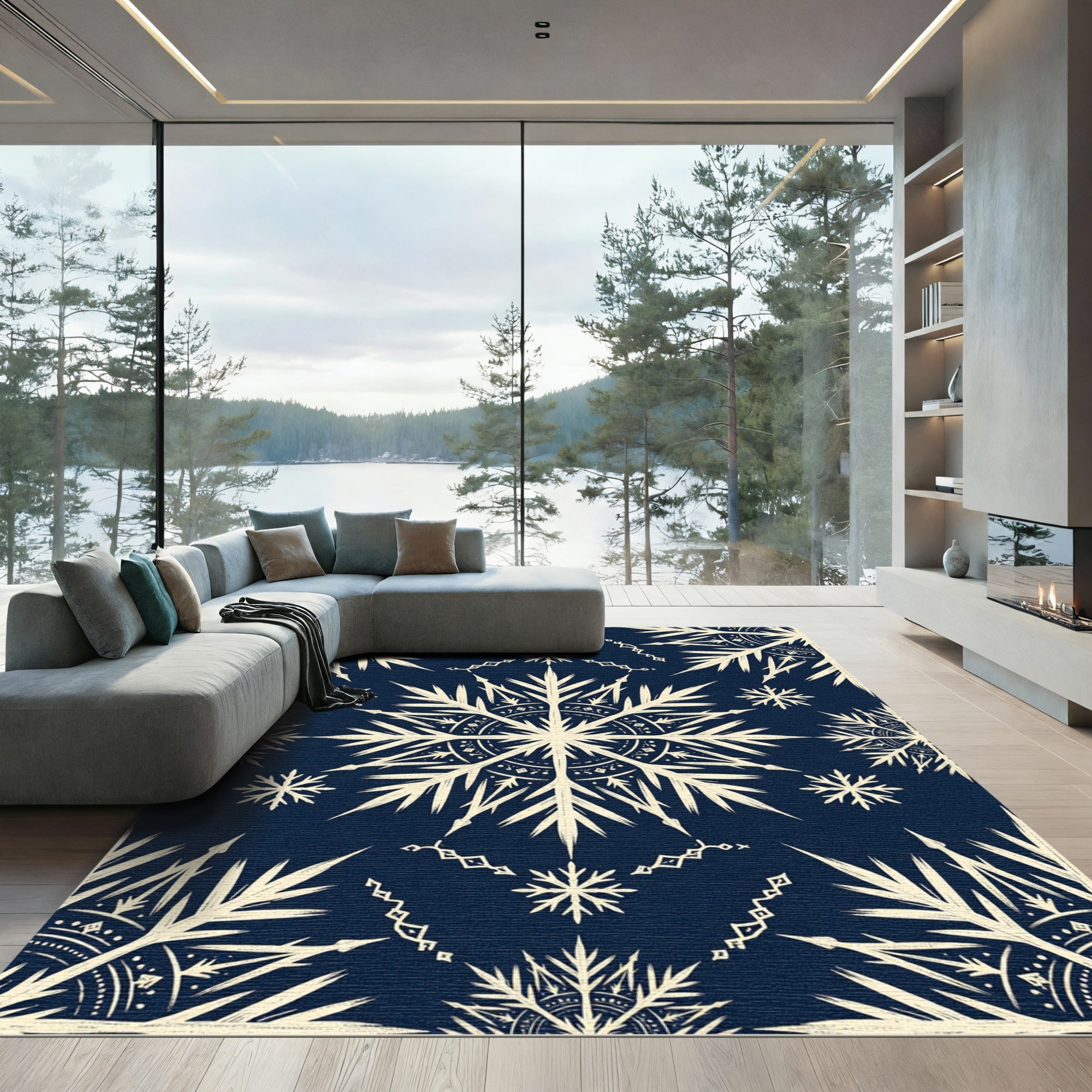 Navy and Cream Winter Snowflake Medallion Rug