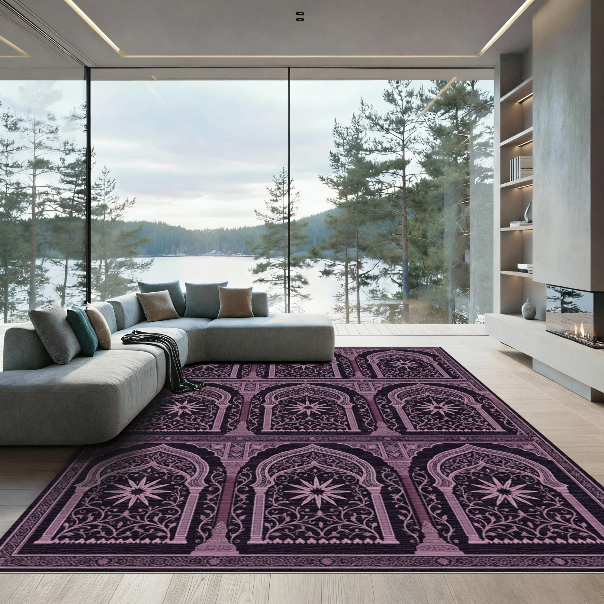 Mauve Archway Floral Scroll Pattern Rug