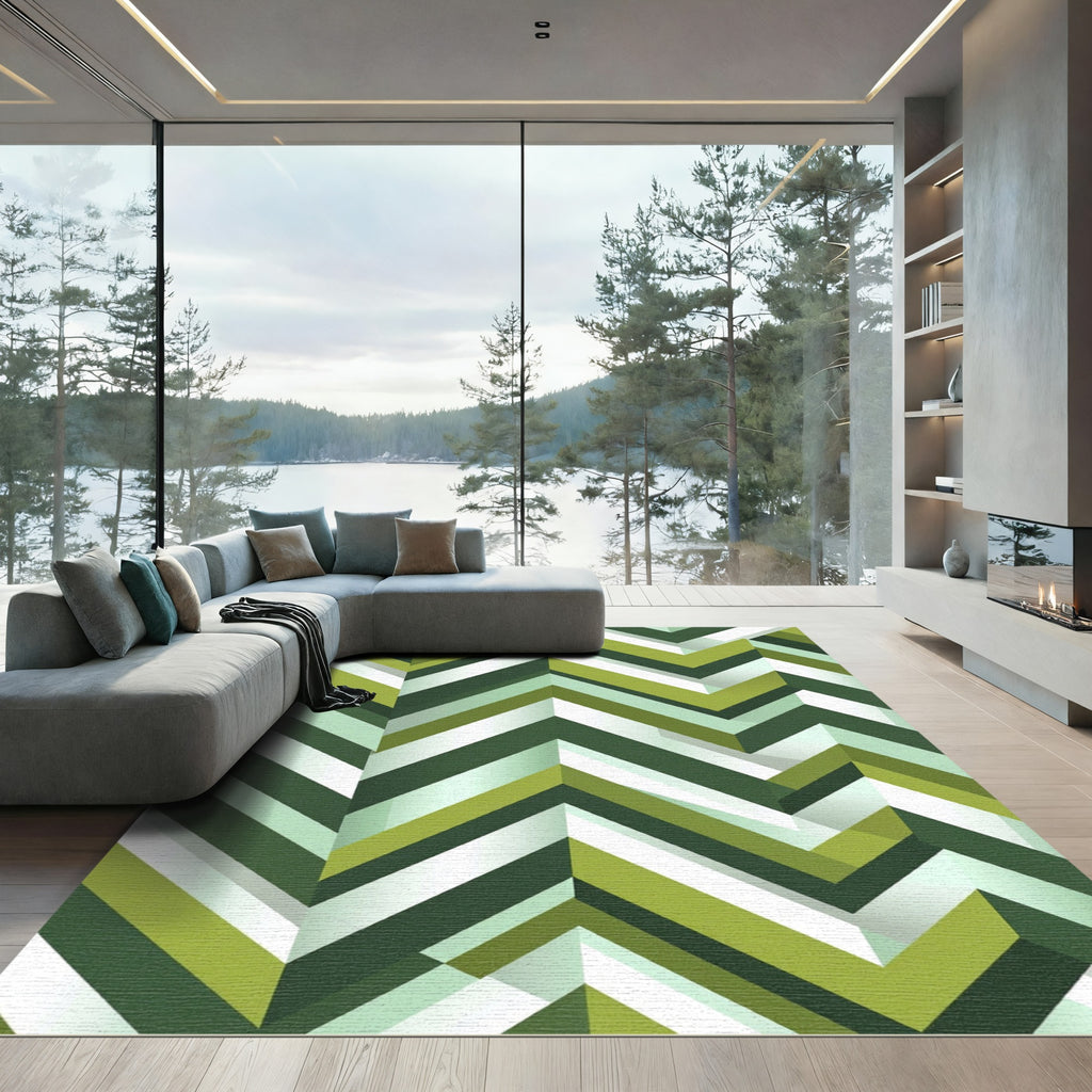 Green Tonal Chevron Angled Lines Rug