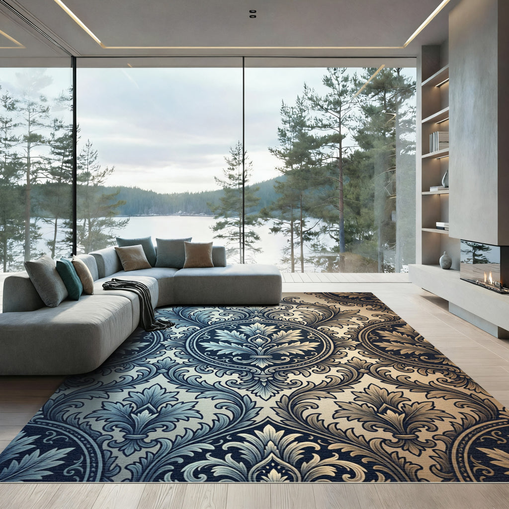 Elegant Blue and Gold Damask Medallions Rug