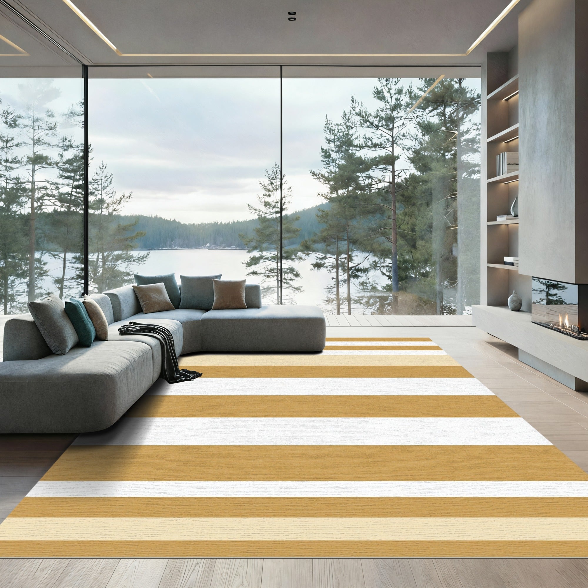 Modern Golden Neutral Horizontal Stripe Rug