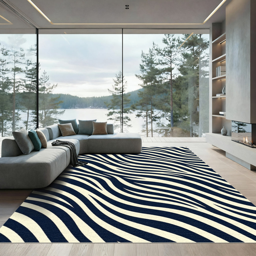 Modern Cream and Navy Zebra Wave Rug