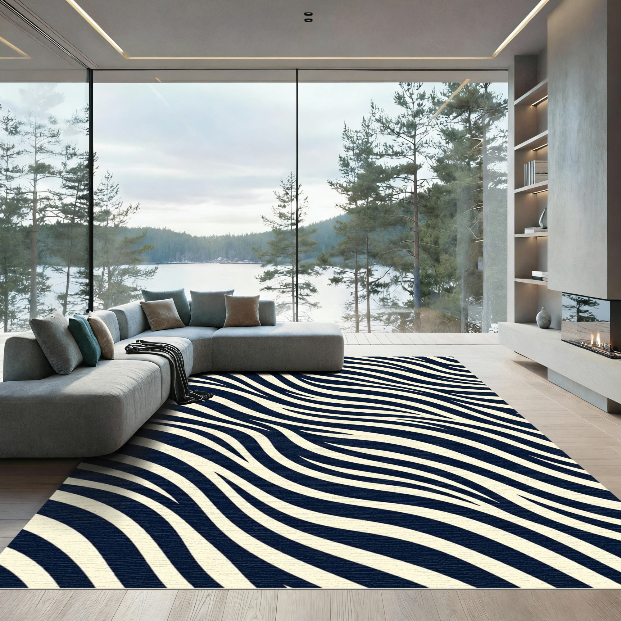Modern Cream and Navy Zebra Wave Rug