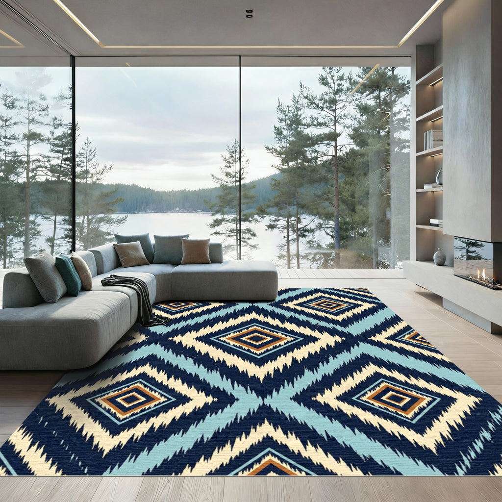 Navy Blue Teal Diamond Ikat Rug