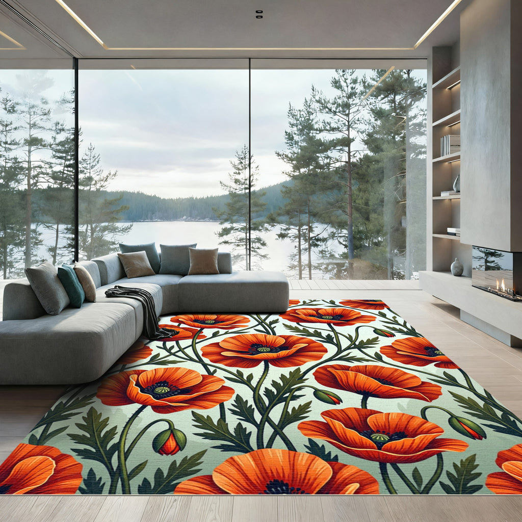 Vibrant Orange Poppy Botanical Garden Rug