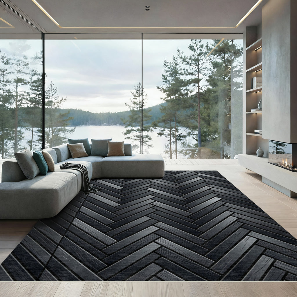 Charcoal Herringbone Wood Grain Texture Rug