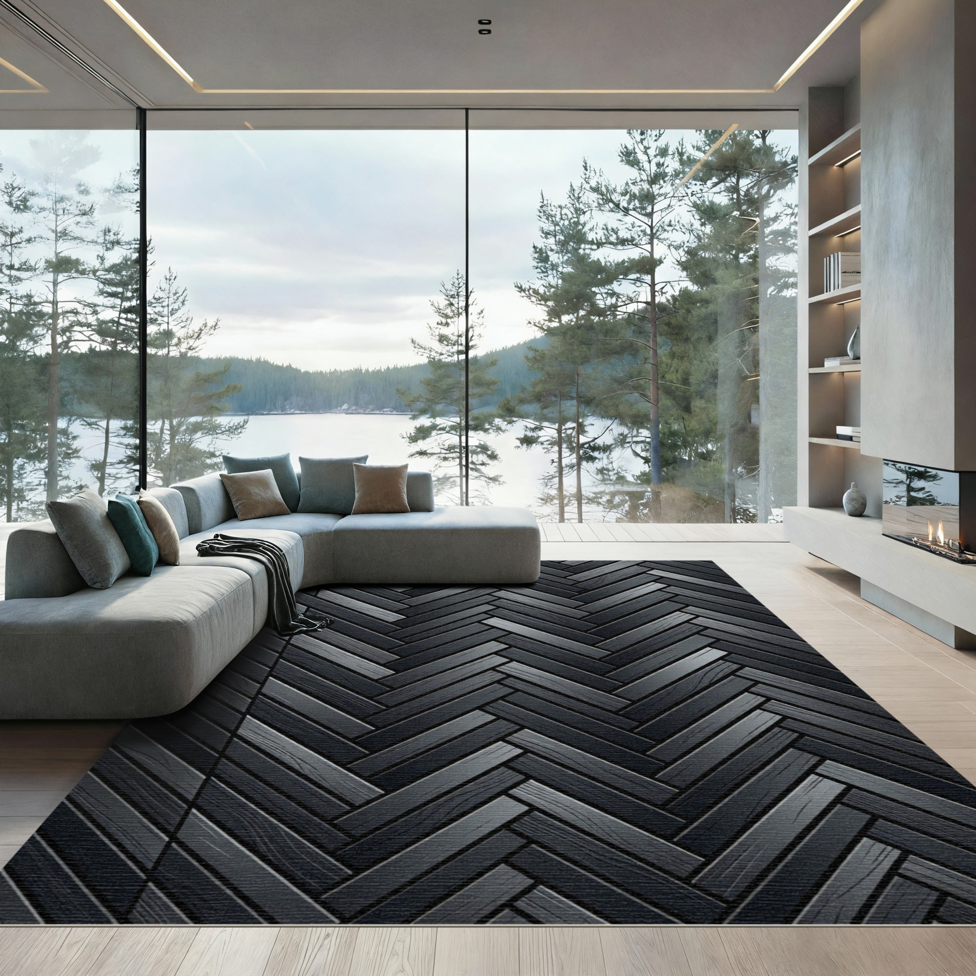 Charcoal Herringbone Wood Grain Texture Rug