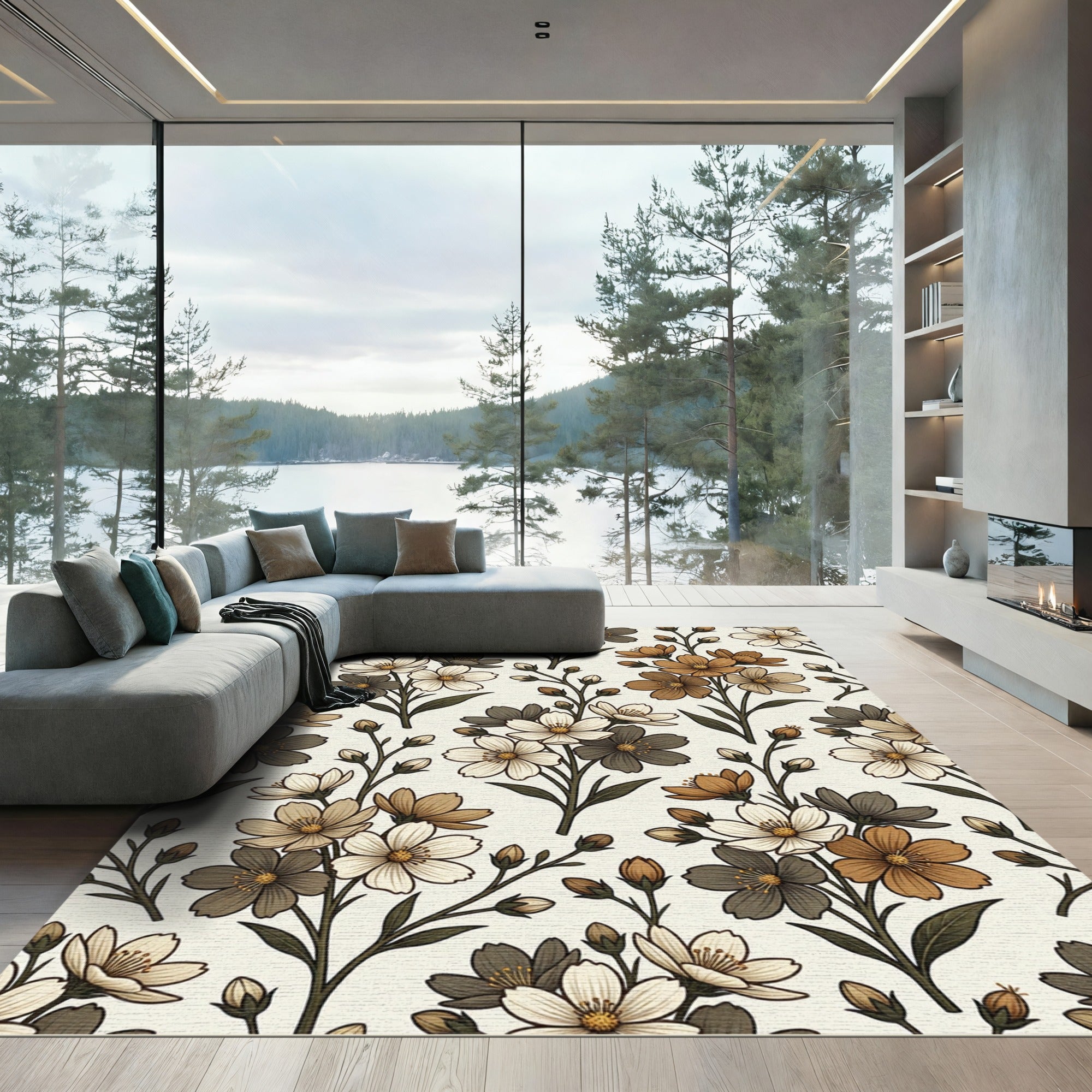 Earthy Tones Floral Botanical Arrangement Rug