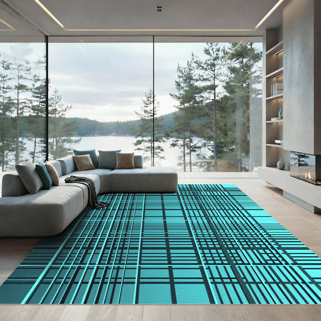 Modern Teal Grid Intersecting Lines Rug