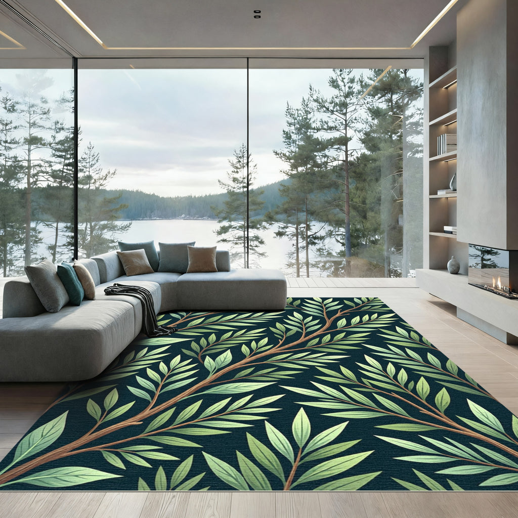 Lush Green Botanical Willow Branch Art Rug