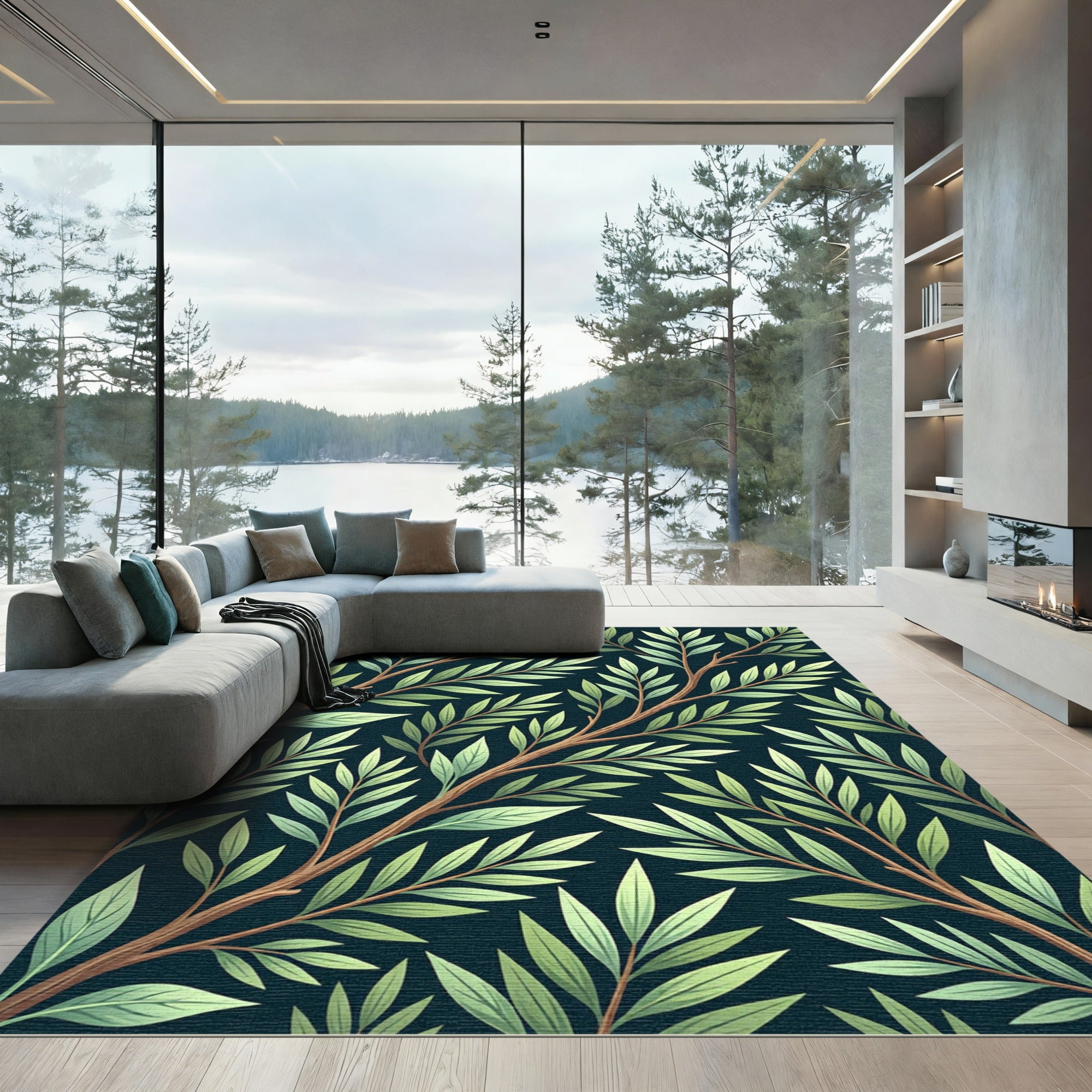 Lush Green Botanical Willow Branch Art Rug