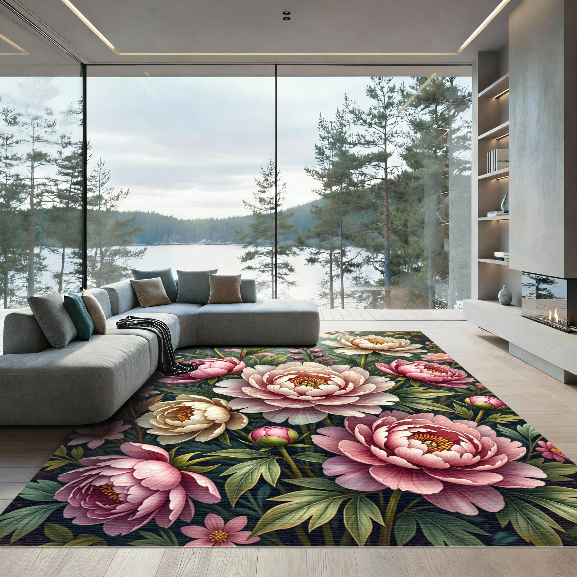 Pink Cream Peony Garden Tapestry Rug