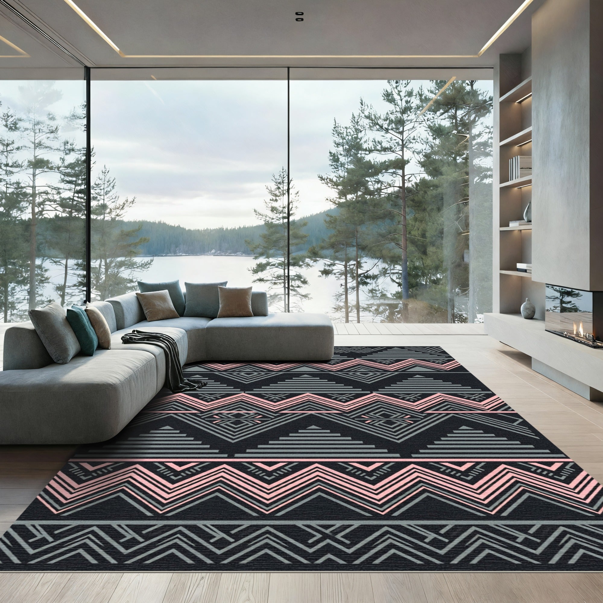 Geometric Gray and Dusty Pink Layered Triangle Rug