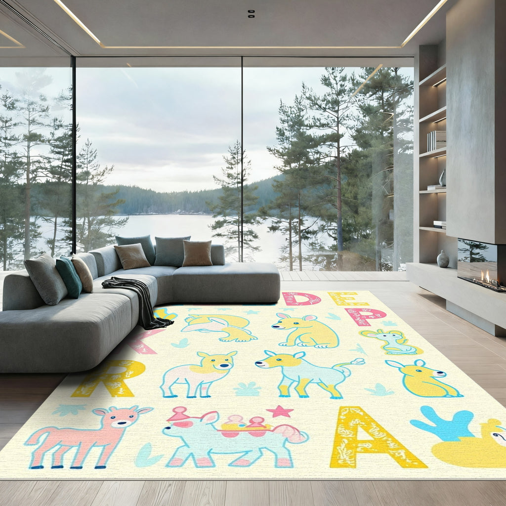 Alphabet Animals Blue Pink Yellow Rug