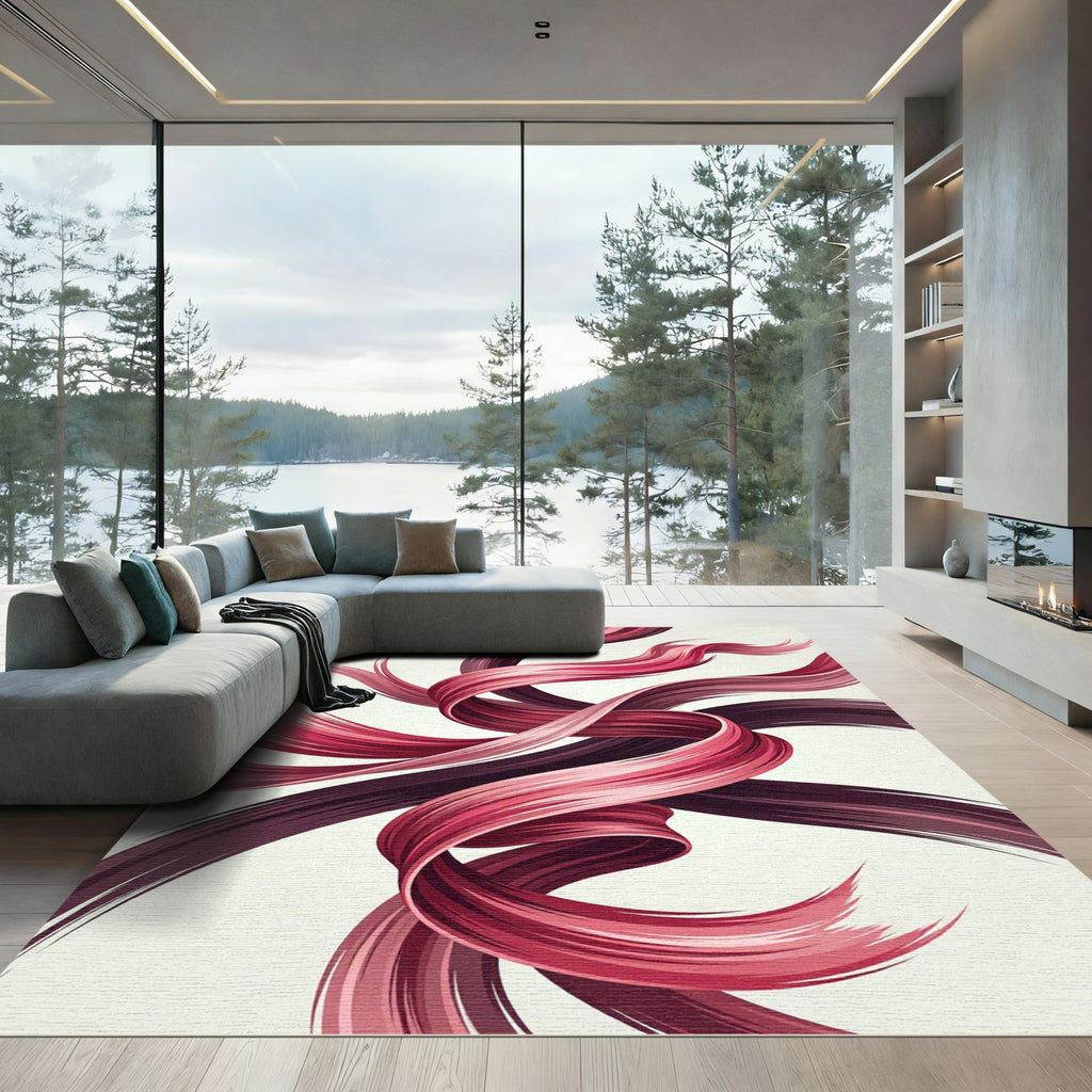 Crimson Rose Swirl Abstract Strokes Rug