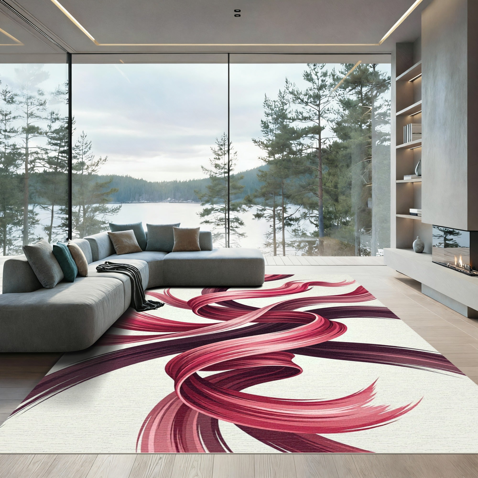 Crimson Rose Swirl Abstract Strokes Rug