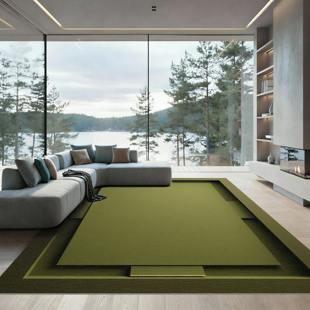 Olive Green Layered Geometric Rectangle Rug