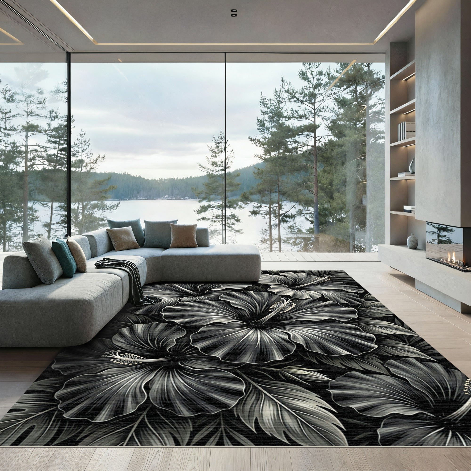 Monochromatic Hibiscus Floral Garden Art Rug