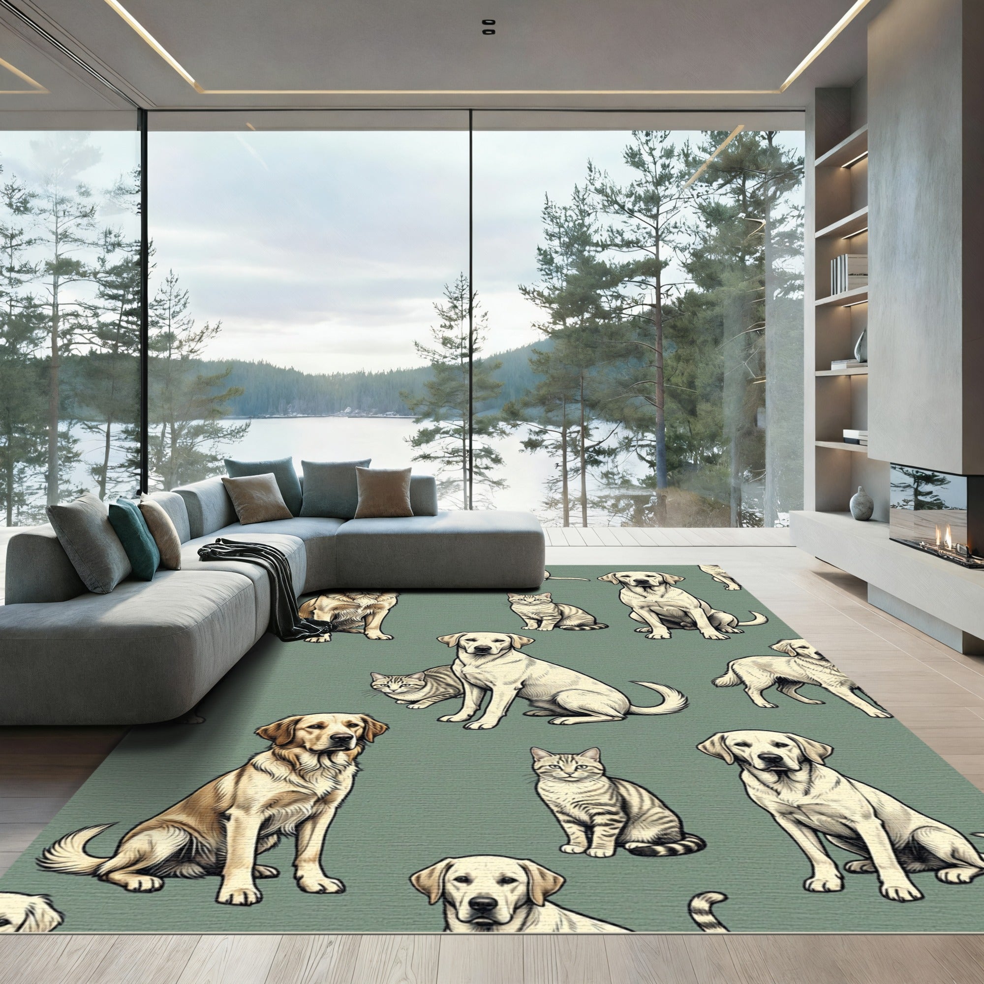 Whimsical Sage Green Dog Cat Illustration Rug