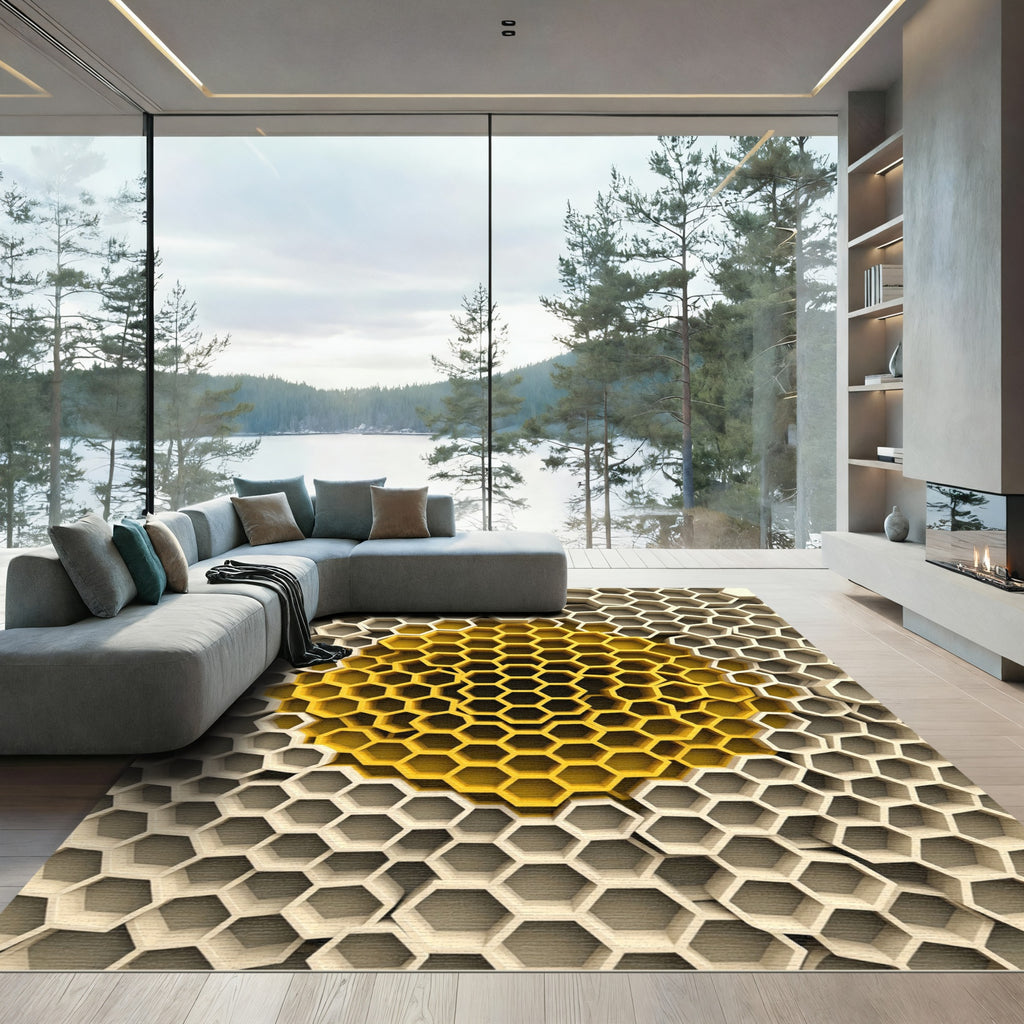 Golden Honeycomb Geometric Relief Sculpture Rug